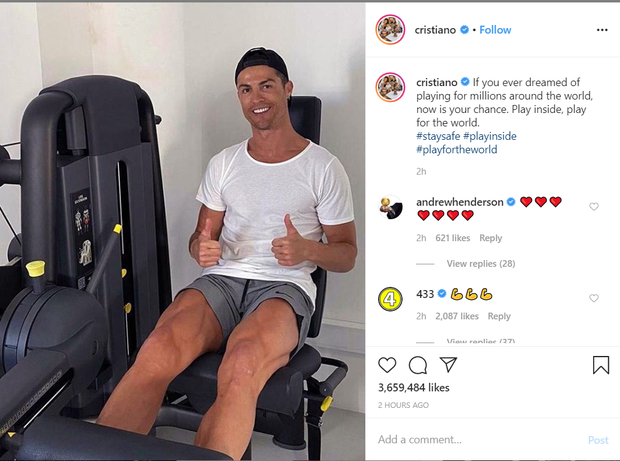 Giữa đại dịch Covid-19, Ronaldo truyền đi thông điệp ý nghĩa nhận về hàng triệu lượt thả tim: Vì cả thế giới, các bạn hãy ở nhà - Ảnh 1.