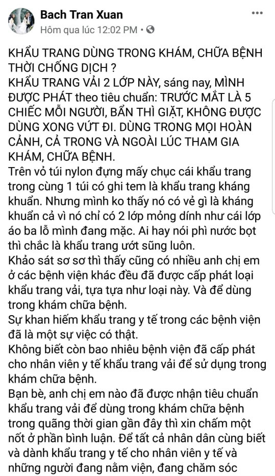 Thư ngỏ của bác sĩ viện Tai Mũi Họng TW: Chúng tôi không đủ khẩu trang làm việc, xin đồng bào đừng đeo khẩu trang y tế, khẩu trang vải là đủ rồi! - Ảnh 2.