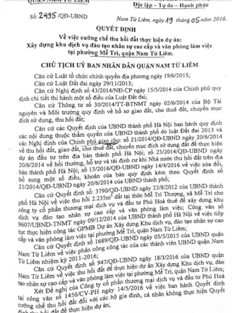 
Quyết định số 2495/QĐ-UBND về việc cưỡng chế thu hồi đất thực hiện dự án.
