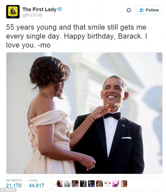 Đệ nhất phu nhân Mỹ Michelle Obama và lời chúc mừng sinh nhật ngọt ngào tới Tổng thống Obama.