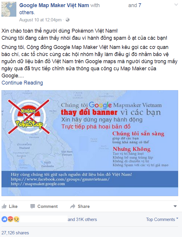  Nhóm Google Map Maker Việt Nam lên tiếng vì dữ liệu bản đồ tại Việt Nam bị người chơi Pokemon Go thay đổi. Ảnh: Google Map Maker Việt Nam. 