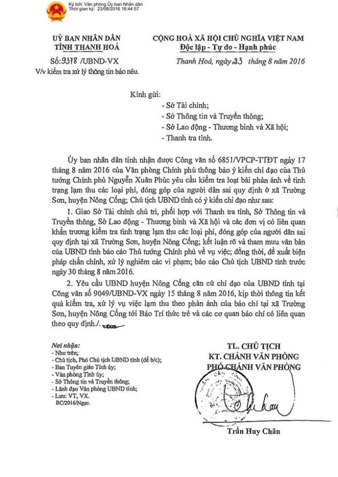 
Văn bản chỉ đạo của Chủ tịch tỉnh Thanh Hóa.
