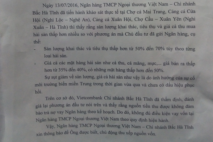 
Một phần công văn số 466 ngày 15/7/2016 của Vietcombank Bắc Hà Tĩnh gửi cho ngư dân
