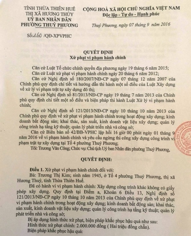 Phạt hành chính, yêu cầu ngừng thi công biệt phủ xây không phép trên đất của mẹ vợ của một Giám đốc Sở ở Thừa Thiên- Huế