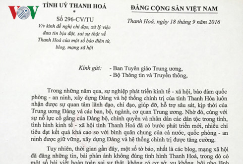 Công văn của Tỉnh ủy Thanh Hóa