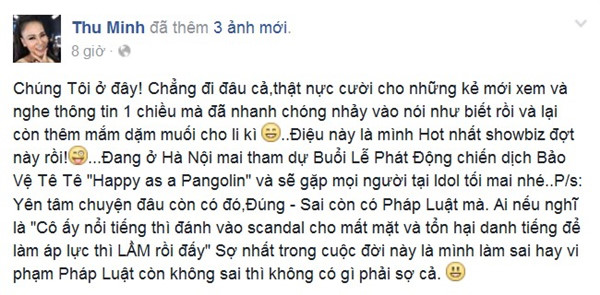 
Thu Minh phản pháo trên trang cá nhân của mình
