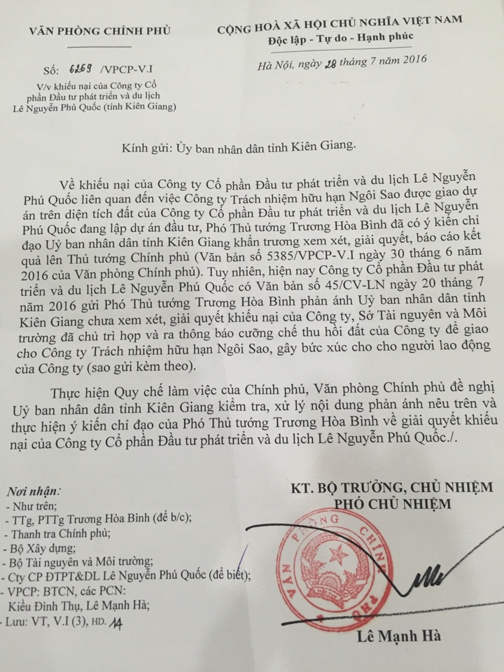 
Trước đó, Ngày 27/5/2016, Thanh tra Bộ Xây dựng đã gửi công văn đề nghị UBND tỉnh Kiên Giang ngừng thi hành Quyết định cưỡng chế số 924/QĐ – CC ngày 22/4/2016 của UBND tỉnh Kiên Giang.
