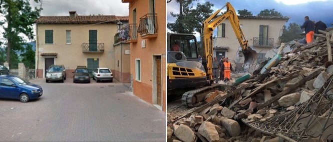 
Một khu nhà ở Amatrice trước và sau động đất - Ảnh: GOOGLE/REUTERS
