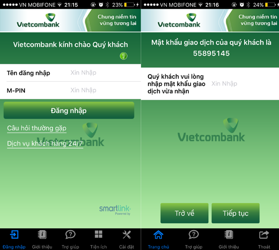  Giao diện ứng dụng Mobile Banking của Vietcombank. 