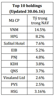 Top 10 cổ phiếu chiếm tỷ trọng lớn nhất trong danh mục của VOF tại thời điểm 30/6