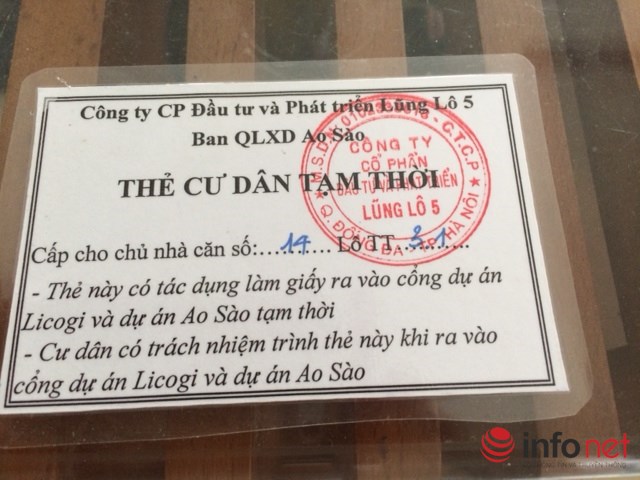 
Thẻ ra vào của cư dân khu đô thị Ao Sào. Ảnh: Minh Thư
