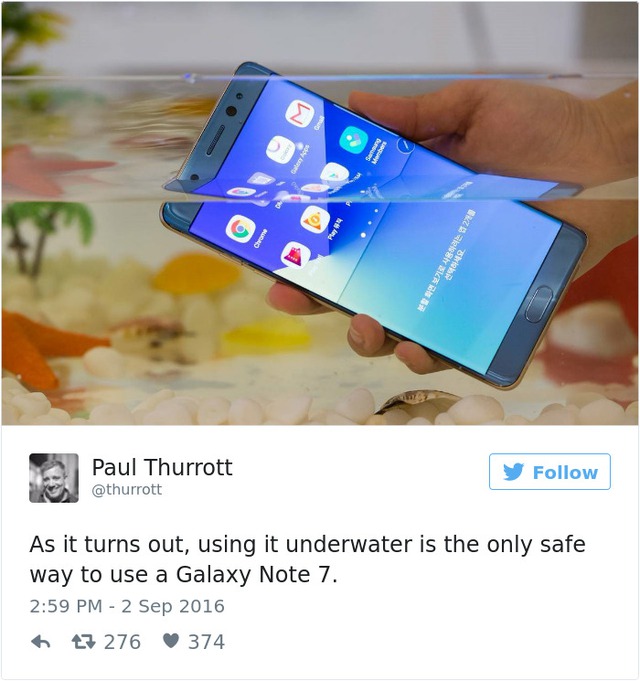 Cách an toàn nhất để sử dụng Galaxy Note 7 là dùng dưới nước.