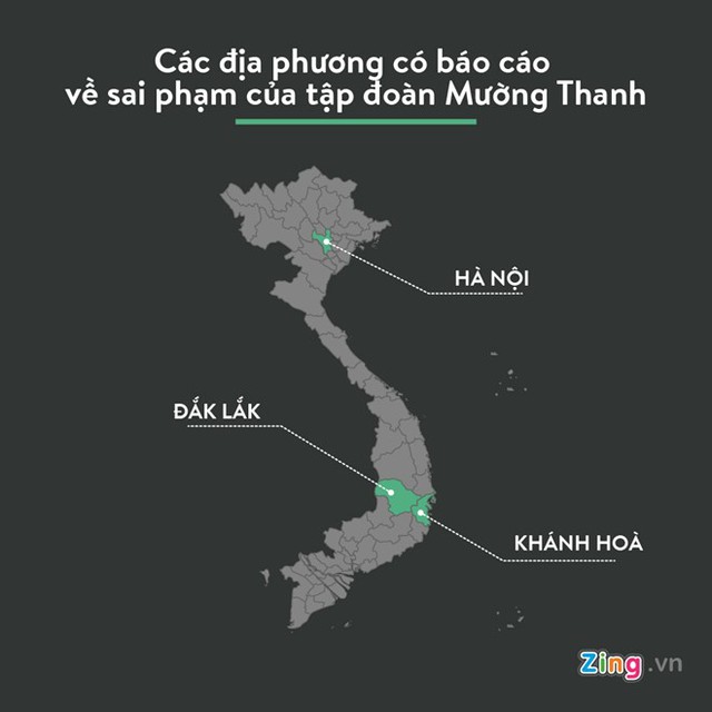 
Một số địa phương có báo cáo về vi phạm của tập đoàn Mường Thanh. Đồ họa: Bảo Châu.
