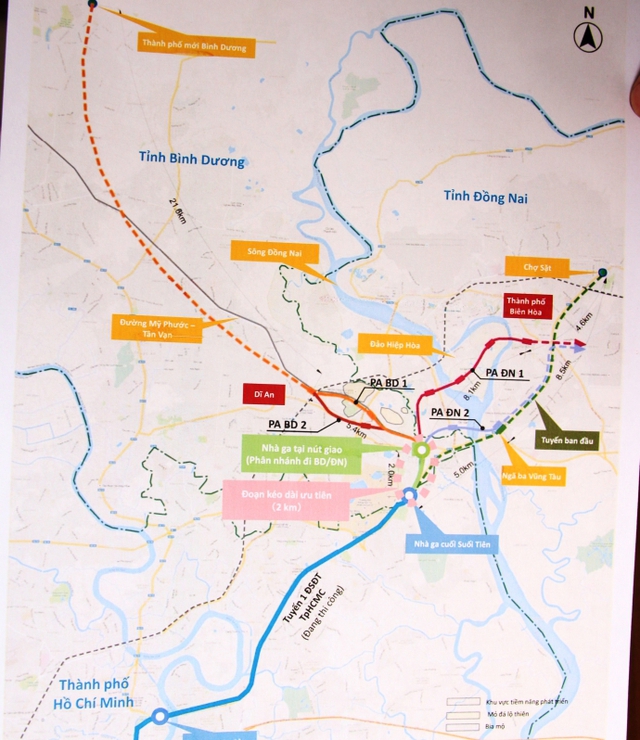 
Bản đồ các phương án được đơn vị Tư vấn đề xuất kéo dài tuyến Metro số 1 đến Biên Hòa (Đồng Nai).
