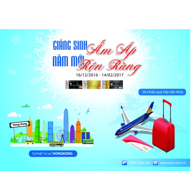 Chưa có thẻ Tín dụng Quốc tế SCB? Nhanh tay mở thẻ SCB Visa trước 09/01/2017 để nhận 1 trong các phần quà sau: 04 voucher trà sữa GongCha; 02 voucher buffet Liberty; nón bảo hiểm SCB cao cấp và dù SCB tiện dụng