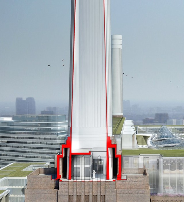 4 ống khói của nhà máy điện cũ sẽ được xây dựng thành 4 tòa tháp có thang máy cùng kính trong suốt giúp mọi người có thể quan sát quang cảnh thành phố từ bên trong.