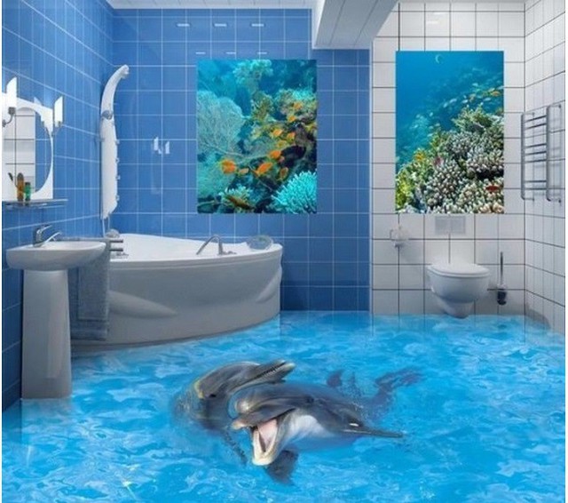 Bạn chắc chắn sẽ cảm thấy cực kỳ thư thái khi được ngâm mình ở bồn tắm, ngắm nhìn những đàn cá bơi lội ngay dưới chân với phòng tắm công nghệ 3D này.