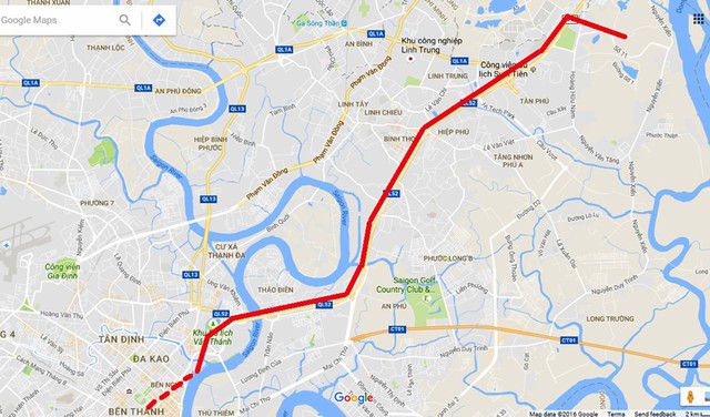 
Sơ đồ tuyến metro Bến Thành - Suối Tiên. Ảnh: Google Maps.
