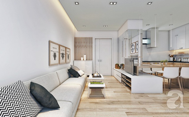 Bộ sofa dài với 3 khối ghép lại giúp phòng khách rộng rãi hơn.