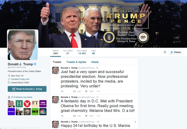 
Tài khoản Twitter của Tổng thống mới đắc cử Donald Trump. Ảnh chụp màn hình
