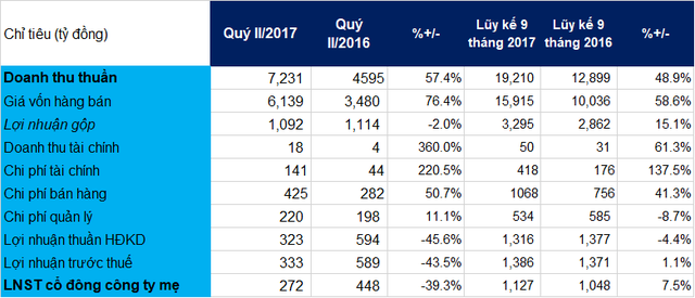 KQKD tóm tắt 9 tháng HSG (nguồn: BCTC hợp nhất)