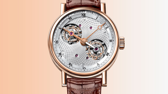 
Chiếc đồng hồ thuộc về thương hiệu cha đẻ của thiết kế Tourbillon chiếc Breguet Classique Complications Double Tourbillon 5347. Tuyệt tác này có 2 Tourbillon có vòng quay độc lập kết nối với nhau bằng trục đặc biệt mang lại sự chuẩn xác tuyệt vời cho đồng hồ. Dây đeo được thiết kế từ da cá sấu. Chiếc đồng hồ tourbillon song sinh ấn tượng này có giá từ 399.000USD cho phiên bản vàng hồng và 429.000USD cho phiên bản platinum.
