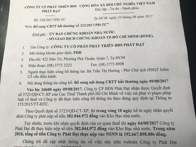 
Công ty Phát Đạt cũng đã gửi văn bản cho các cơ quan chức năng về việc bị cho là đang trốn thuế.
