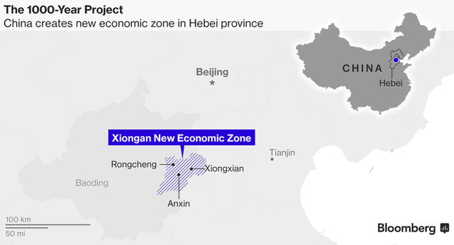 Vị trí khu vực Xiongan, nơi được chọn là đặc khu kinh tế mới của Trung Quốc, nằm cách Bắc Kinh hơn 100 km.