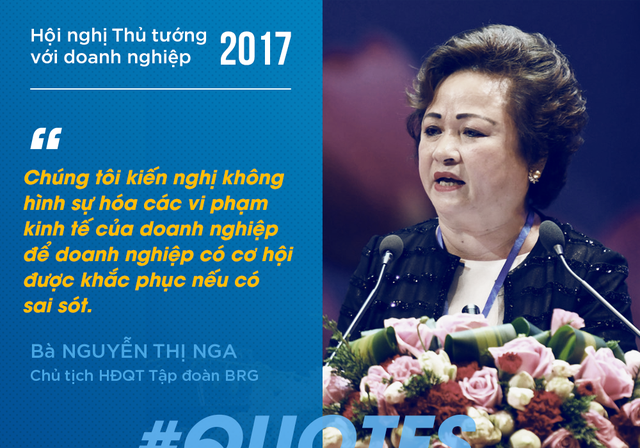 
Bà Nga cho biết Thủ tướng đã đề cập đến vấn đề này 1 năm trước đó như như một trong những tinh thần lớn nhất. Theo bà, chủ trương này giúp doanh nghiệp sẵn sàng dấn thân, thử thách cái mới. Doanh nghiệp cảm thấy được pháp luật bảo vệ cho quyền lợi chinh đáng, dám nghĩ dám làm, khai thác những lĩnh vực tiên phong, coi là rủi ro cao, giải phóng sức lao động để tăng cường phát triển.
