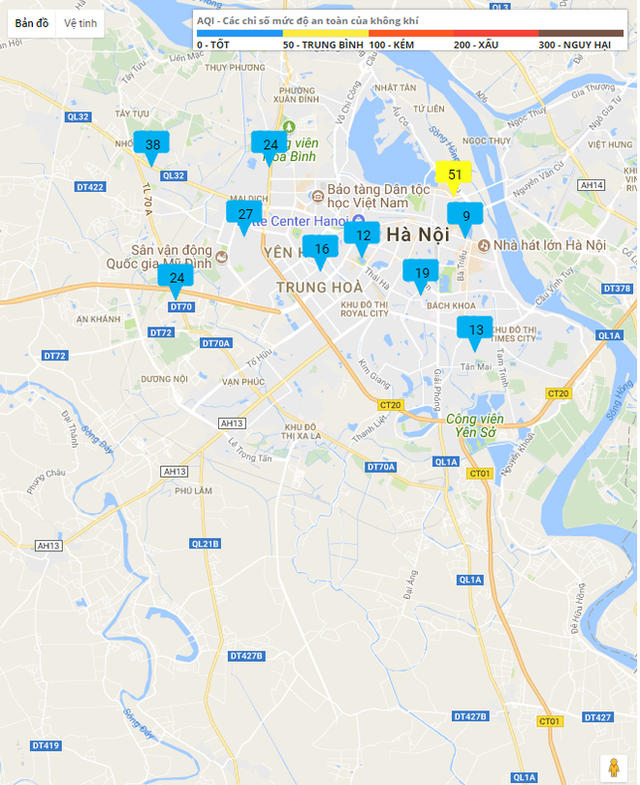 
Chỉ số mức độ an toàn của không khí tại một số khu vực của Hà Nội. Khu vực chạm mức trung bình trong thang đo là Hàng Đậu. Số liệu cập nhật ngày 26/6/2017. Nguồn: Moitruongthudo.vn.

