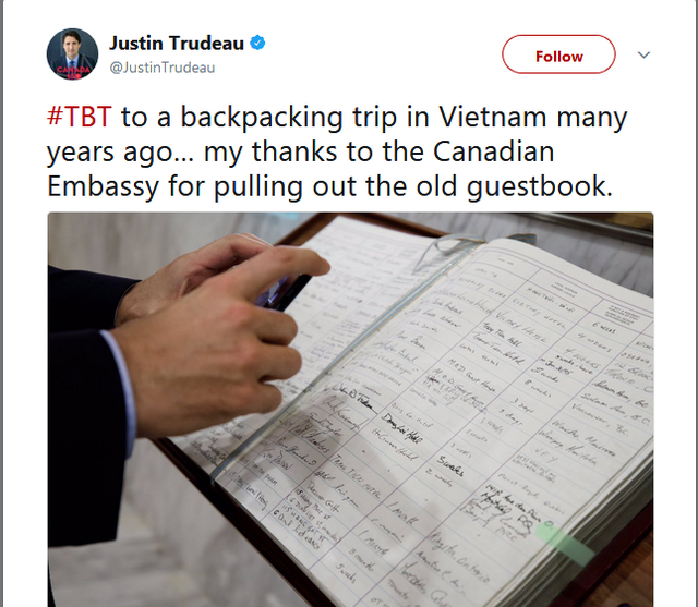 Hình ảnh cuốn sổ và dòng tweet trên trang của Thủ tướng Canada.