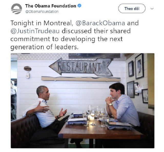 Trudeau từng có bữa ăn cùng cựu Tổng thống Mỹ Barak Obama
