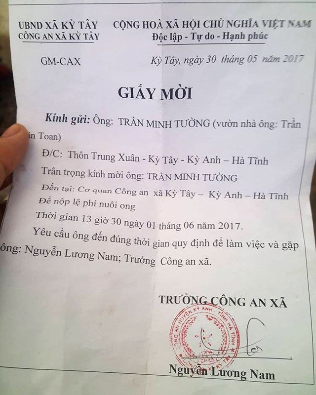 Giấy mời người nuôi ong lên nộp lệ phí nuôi ong