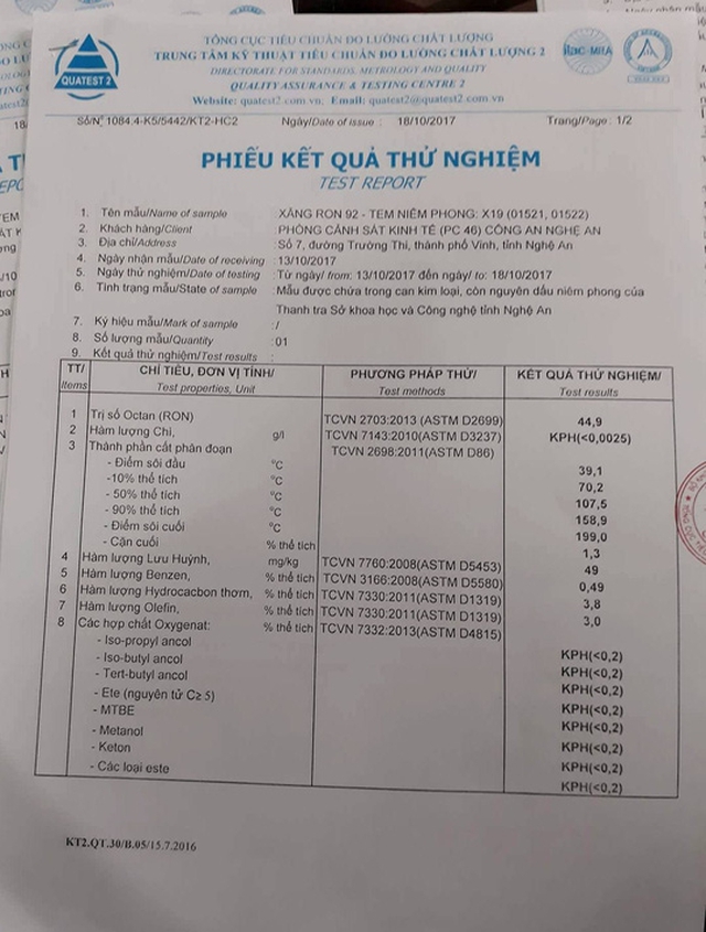  Kết quả phân tích phiếu xăng A92 kém chất lượng 