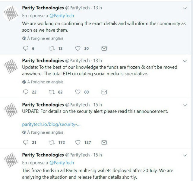
Các dòng cập nhật liên tục của Parity trên Twitter.
