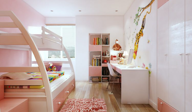 
Căn phòng tuy nhỏ nhưng có đầy đủ bàn học, giá sách và giường tầng vô cùn tiện nghi cho bé.

 
