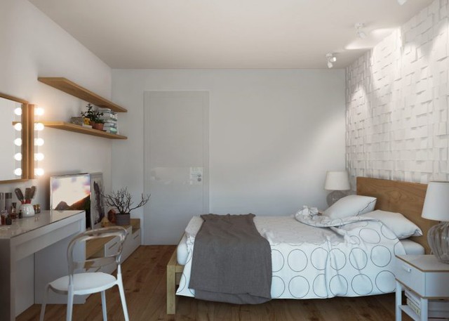 
Phòng ngủ được bài trí đơn giản mà đẹp mắt với bức tường gạch thô sơn trắng đầu giường và hệ thống đền trần lạ mắt.

 

