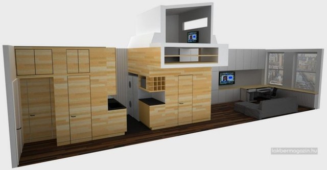 Tuy nhiên với hệ kệ gỗ thông minh được bố trí dọc lối vào nhà đã giải quyết hoàn toàn mọi vấn đề trong căn hộ.