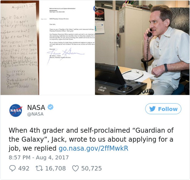 
Bài đăng trên Twitter của NASA phản hồi cậu bé Jack.
