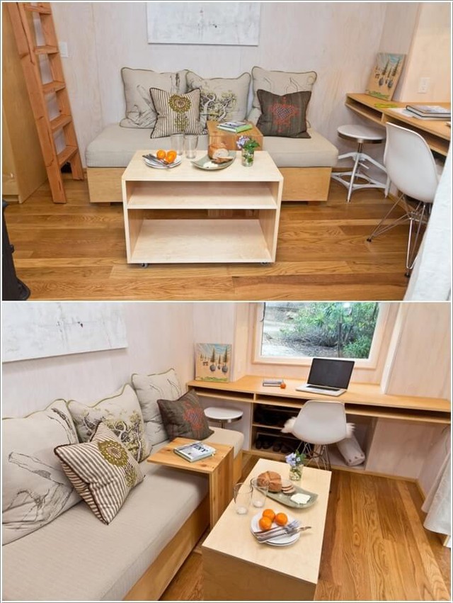 
Sử dụng đồ nội thất thông minh là giải pháp tuyệt vời nhất cho không gian nhỏ. Trong ảnh, góc nhỏ này vừa là phòng khách, bàn ăn cũng là không gian làm việc lý tưởng cạnh cửa sổ.

 

