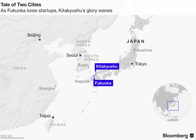 
Vị trí hai thành phố Kitakyushu và Fukuoka trên bản đồ.
