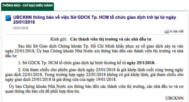 Ủy ban Chứng khoán thông báo HoSE sẽ giao dịch trở lại từ ngày 25/1 - Ảnh 1.