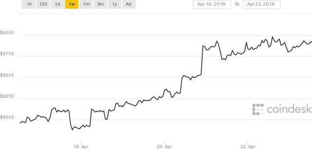 Tăng 15% trong 1 tuần, giá Bitcoin tái lập mốc 9.000 USD