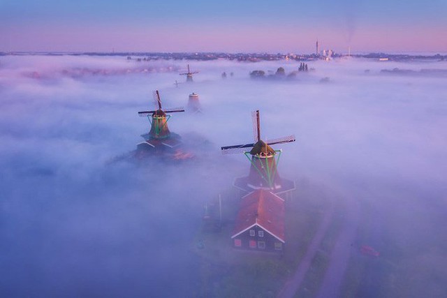 Làng cối xay gió ở Hà Lan chìm trong sương mù huyền ảo như cổ tích - Ảnh 3.