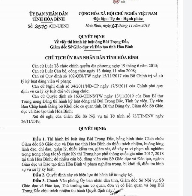 Cách chức Giám đốc Sở Giáo dục và Đào tạo Hòa Bình - Ảnh 1.