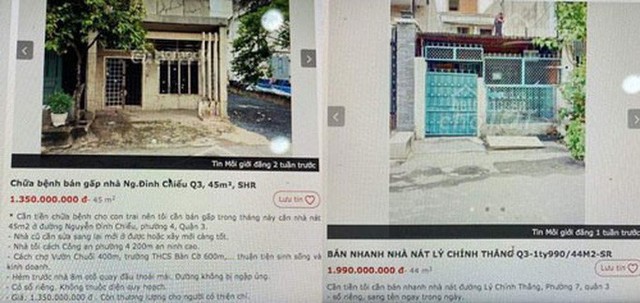 Một số mẩu tin về nhà nát giá rẻ được rao trên các trang mua bán nhà đất (ảnh chụp màn hình)