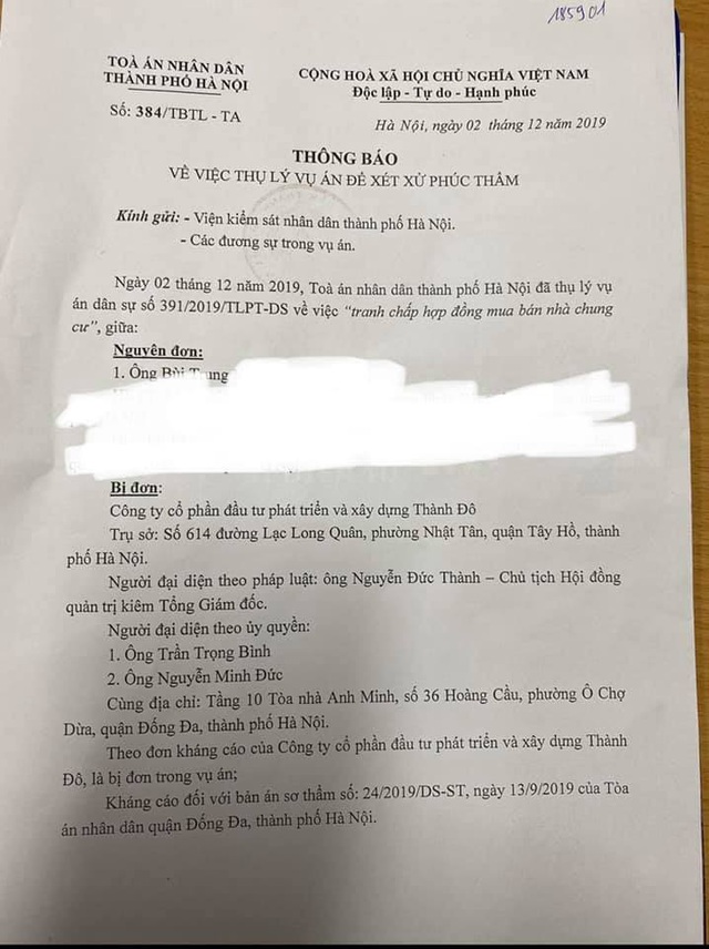 Băng rôn treo kín dự án Cocobay, khách hàng gửi đơn kiện lên Tòa án nhân dân Hà Nội: Thành Đô tuyên bố đơn phương hủy hợp đồng nếu hạn chót 30/12 khách hàng không chịu kí phương án - Ảnh 1.