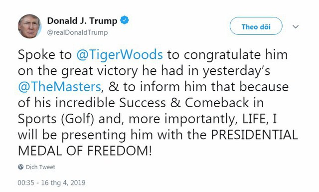 Sau chức vô địch lịch sử, Tiger Woods tiếp tục nhận thêm huân chương cao quý từ Tổng thống Trump  - Ảnh 1.