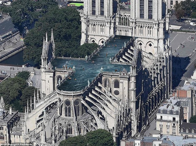 Kiến trúc sư đề xuất xây bể bơi trên nóc nhà thờ Đức Bà Paris - Ảnh 1.