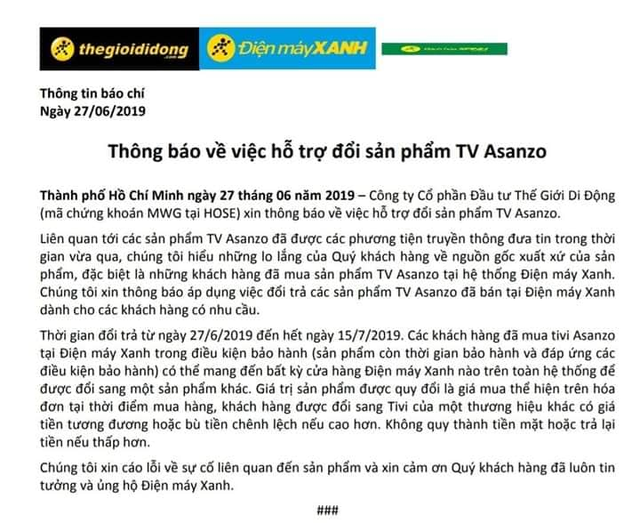 Đến lượt Điện Máy Xanh và Điện máy Chợ Lớn thông báo thu đổi tivi Asanzo trên toàn hệ thống   - Ảnh 2.